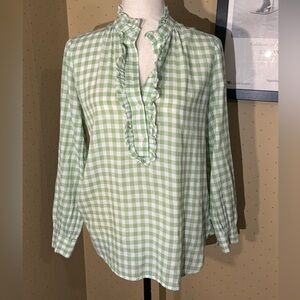 J. Crew ruffled and green checked half button pullover. EUC